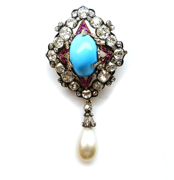 Turquoise, ruby, diamond and pearl pendant brooch | MasterArt